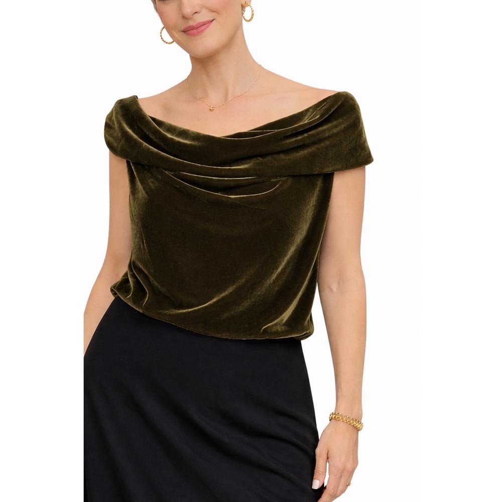 Vintage‎ Drape Neck Off the Shoulder Green Velvet Evening Wear Glam Top Women 16